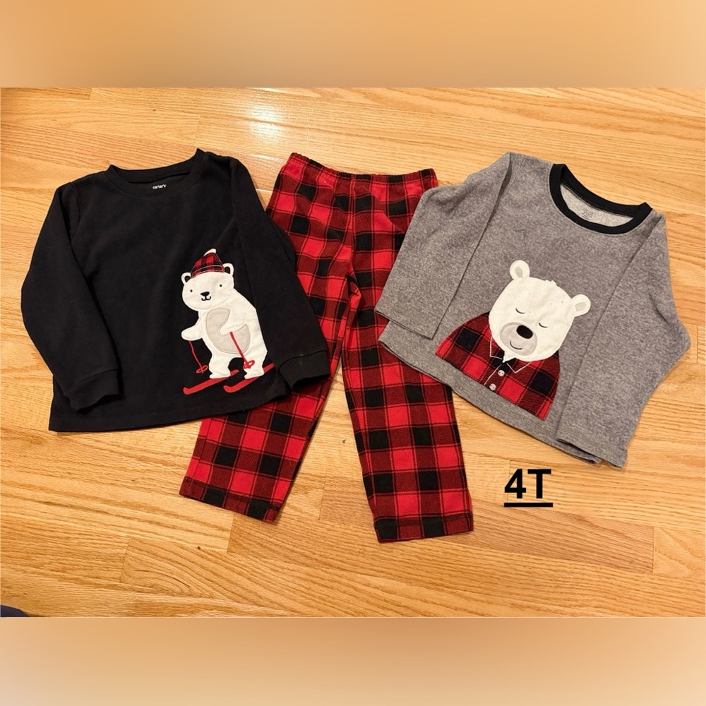 Fleece Polar Bear Pajama Two Piece Set with two tops - Black, Gray, and Red